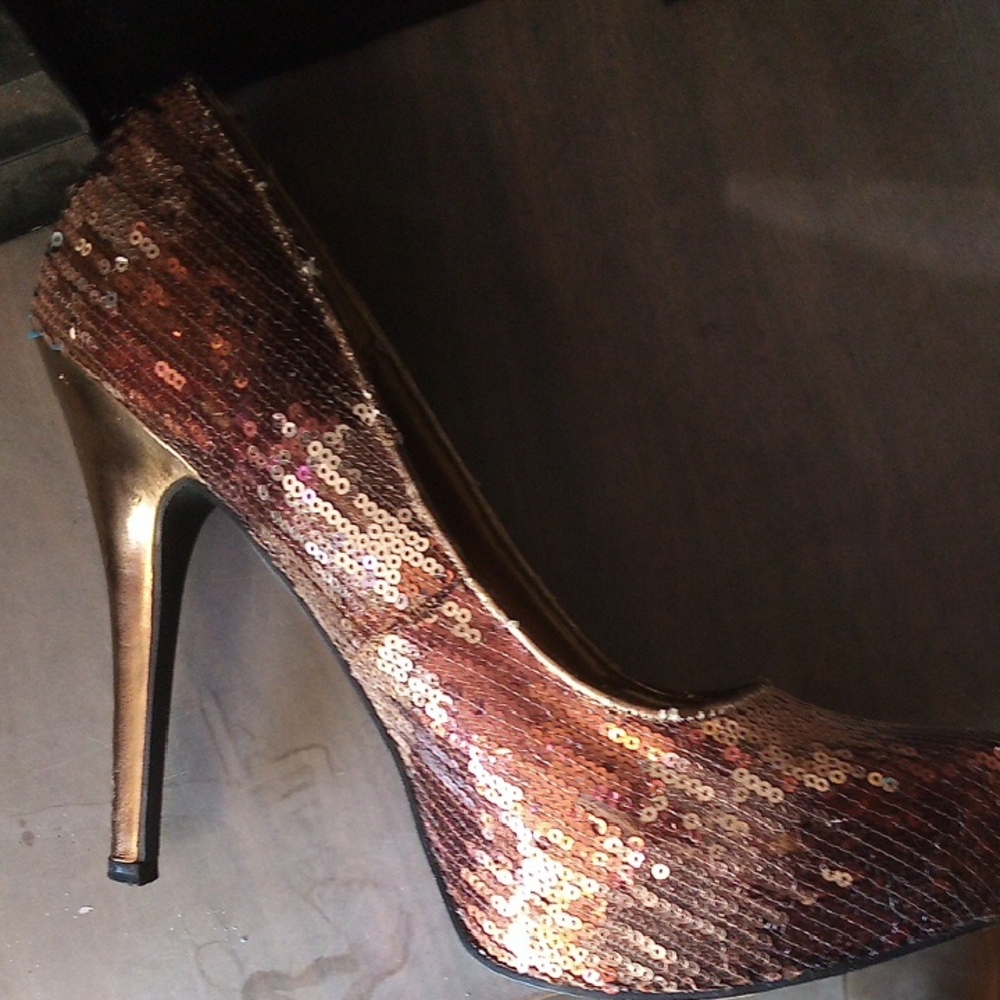 JustFab Gold and Brown Sequin Waterfall Heels